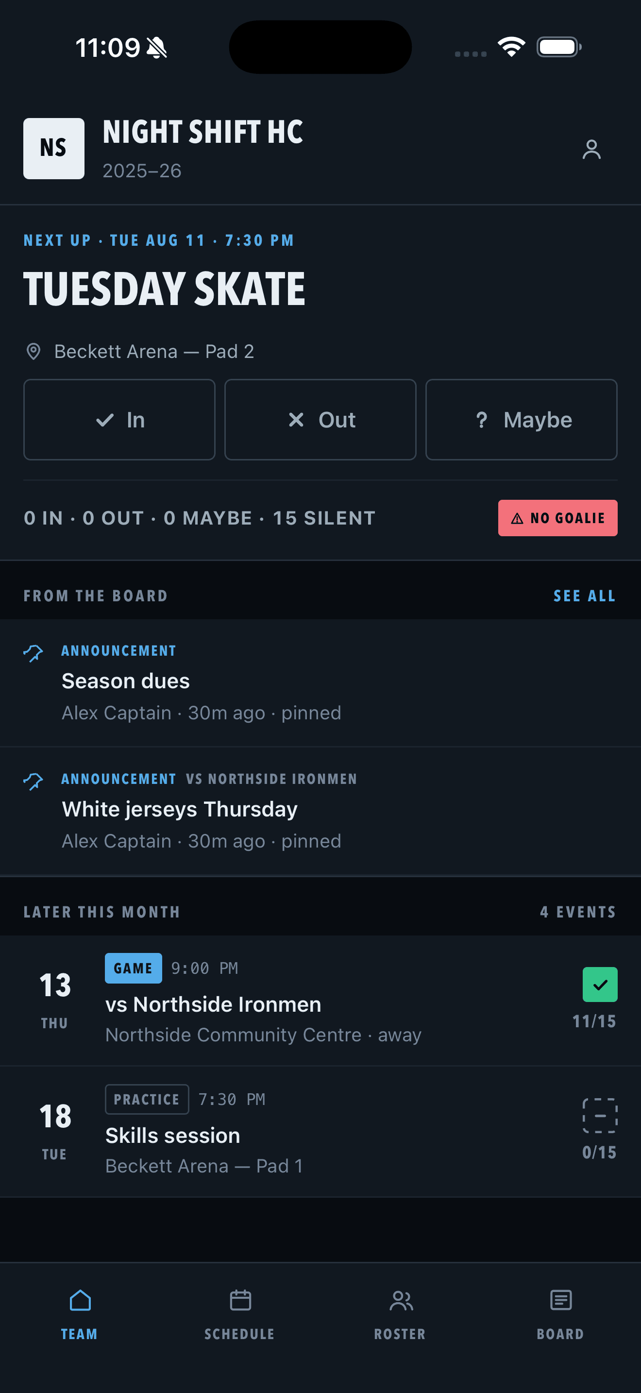 Olympia team home — next event, two-tap RSVP, live headcount, and no-goalie alert