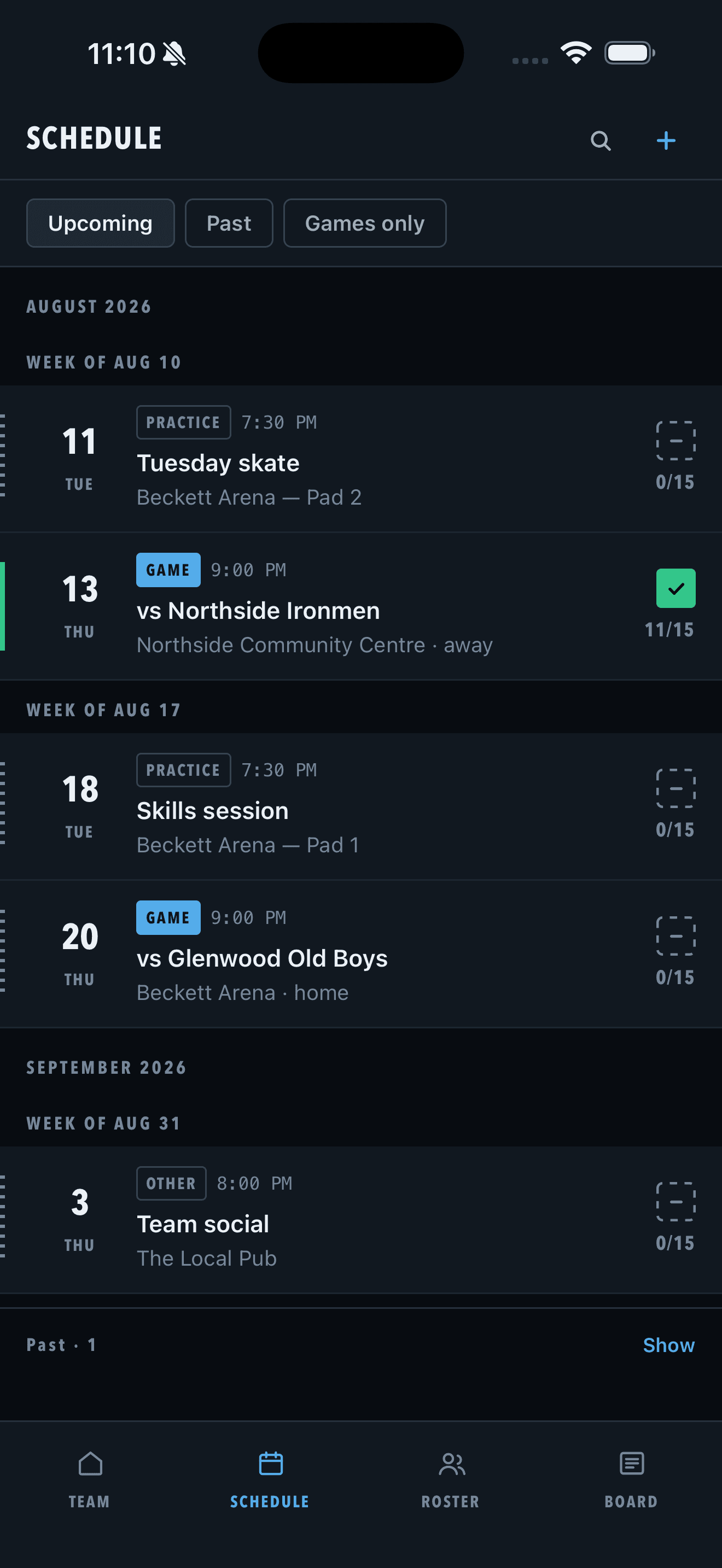 Olympia schedule — upcoming games and practices with attendance and RSVP state